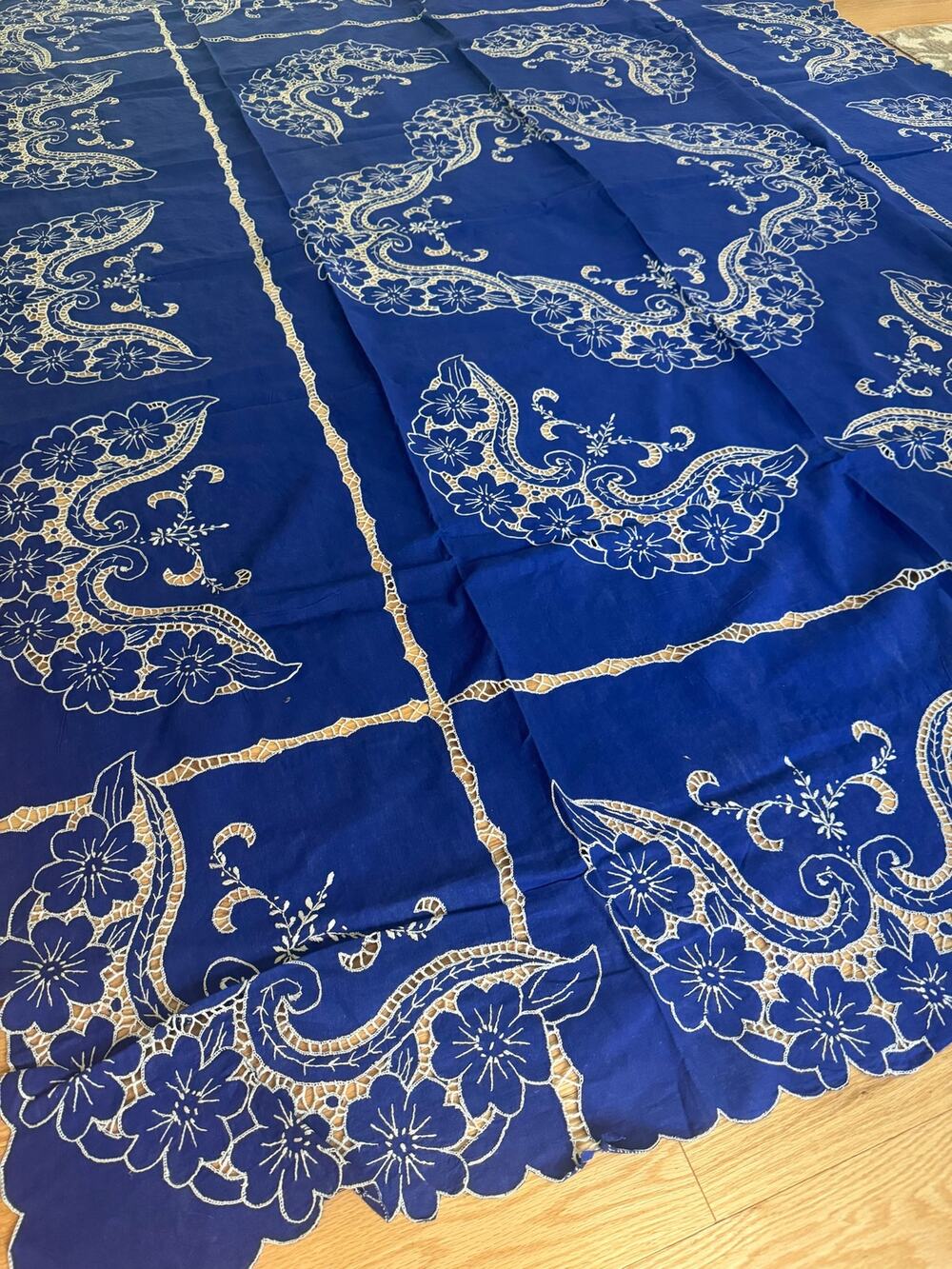 Stunning Vintage Bedspread Boho Blue w White Lace Detail One of a Kind 100X78"